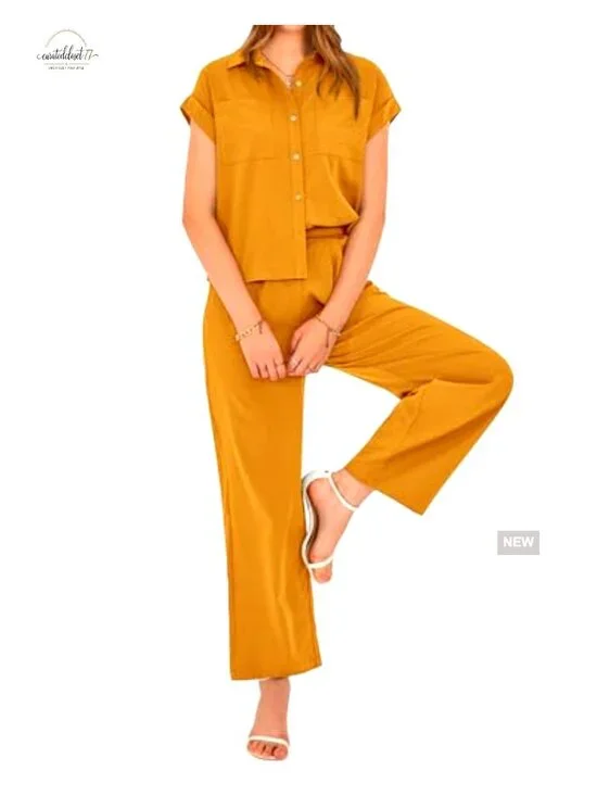 Large Polyester Tracksuit Set Loose Fit Button Down Top Wide Leg Pants - Picture 6 of 7